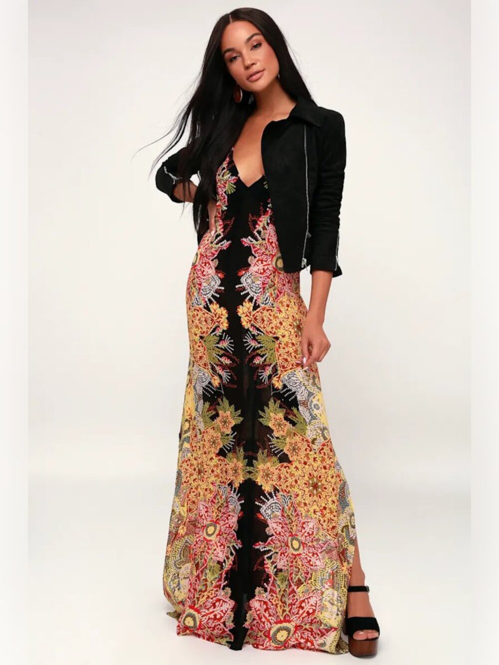 Free People Wildflower Black Multi Print Slip Maxi Dress L Boho Summer - Picture 5 of 14